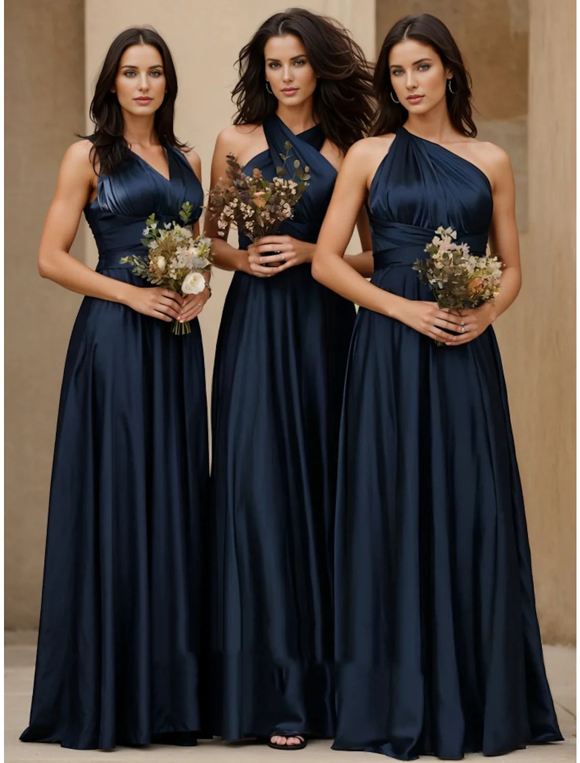 DingjiA-Line Bridesmaid Dress Halter Neck Sleeveless Elegant Floor Length Stretch Satin with Split Front / Ruching