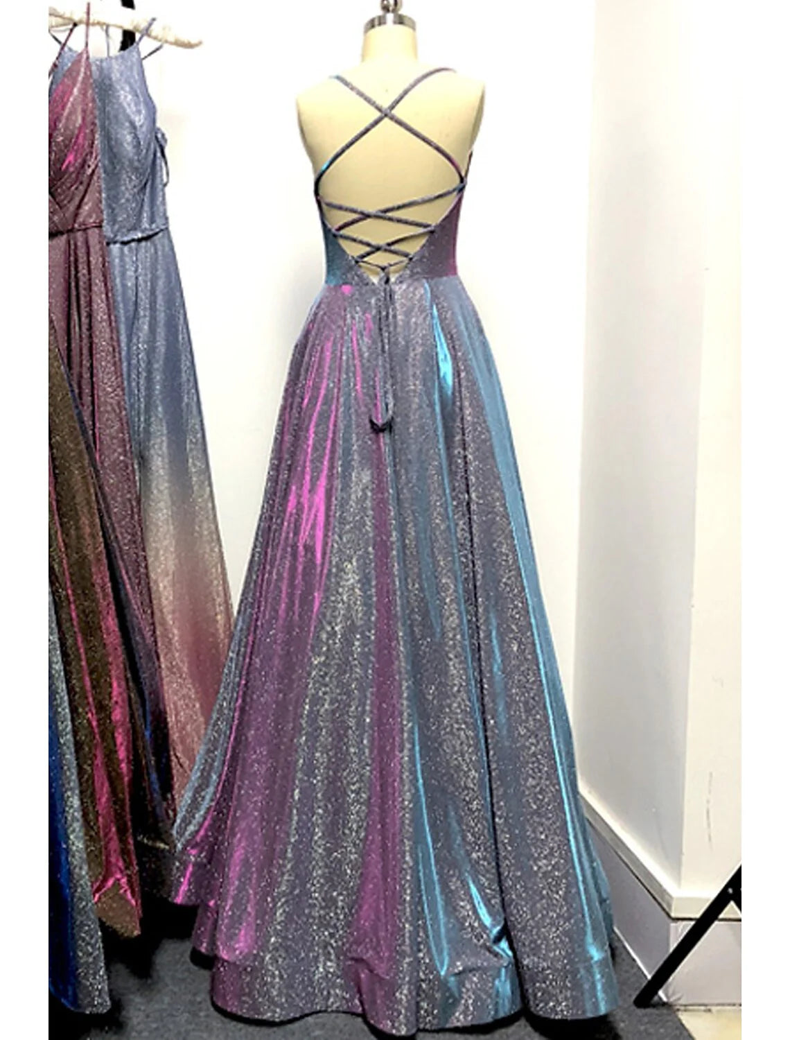 DingjiA-Line Prom Dresses Sparkle & Shine Dress Formal Floor Length Sleeveless Strapless Pocket Stretch Satin Backless with Slit Pocket
