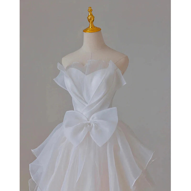 White French Strapless Wedding Gown Bow Tie Long Prom Dress