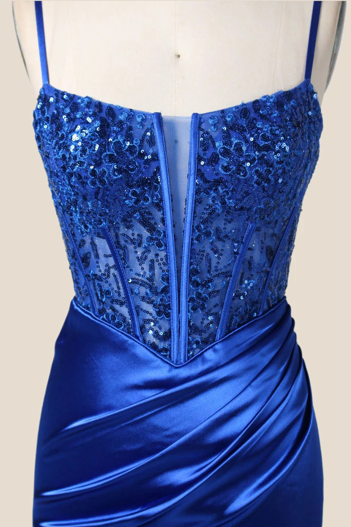 Royal Blue Appliques Ruched Mermaid Long Prom Dress