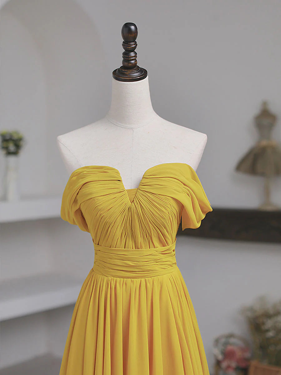 Yellow Off Shoulder Long Prom Dress Yellow Chiffon Graduation Dresses