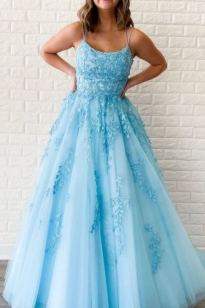 Blue Appliques A-line Long Formal Dress