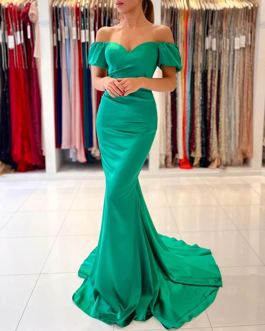 Long Off-the-Shoulder Floor-length Satin Mermaid Prom Dresses