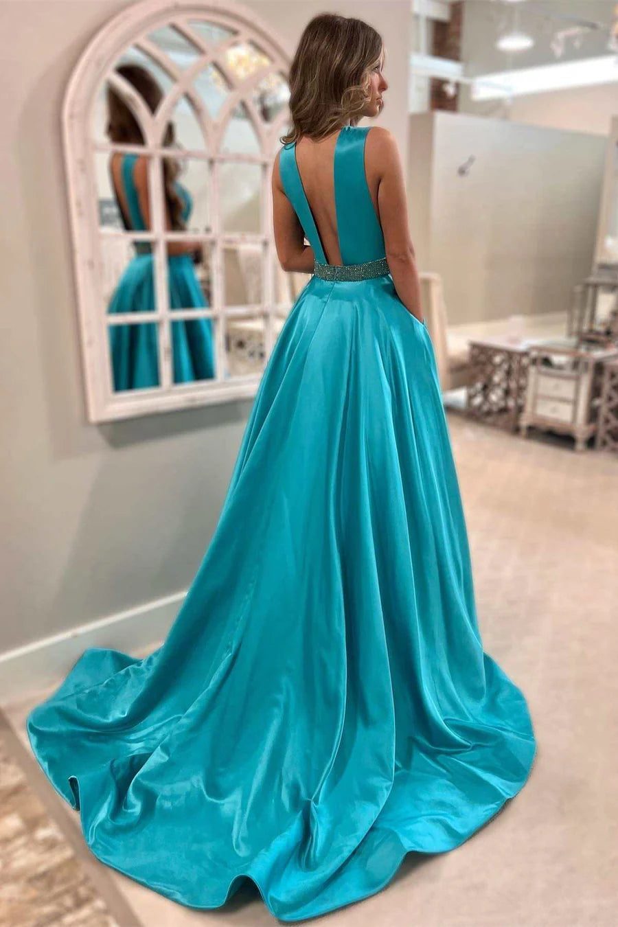 Satin Plunge V Open Back Long Prom Dress