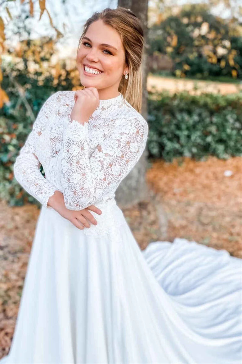 Lace High Collar Long Sleeve Long Wedding Dress