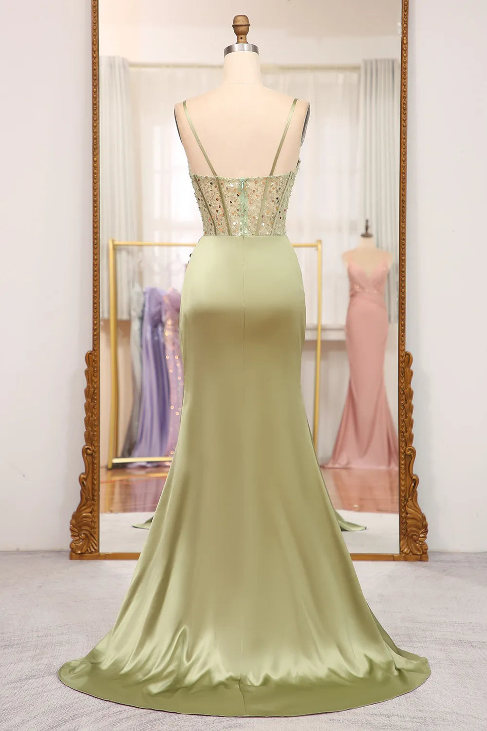 Spaghetti Straps Sage Corset Prom Dress with Beading