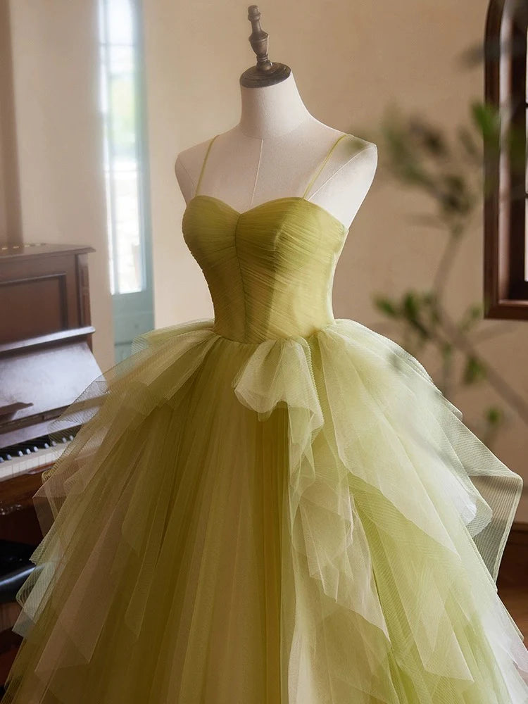 A-Line Sweetheart Neck Tulle Green Long Prom Dress