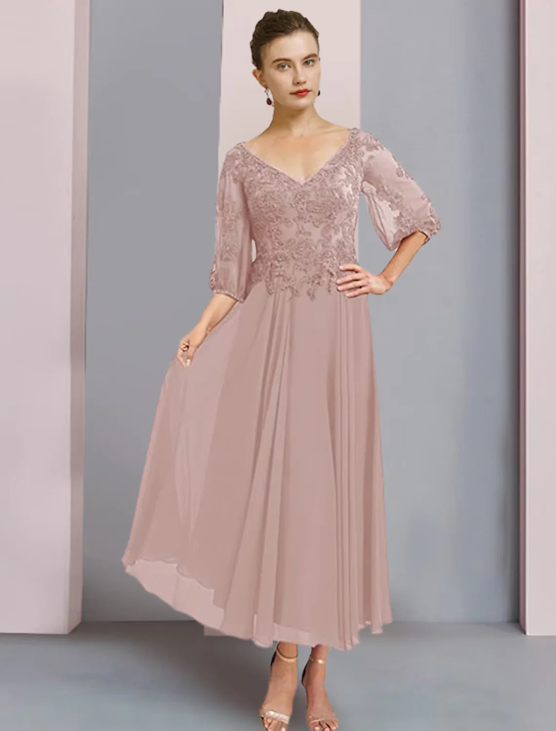 Two Piece A-Line Mother of the Bride Dress Formal Wedding Guest Elegant V Neck Tea Length Chiffon Lace 3/4 Length Sleeve Wrap Included with Pleats Appliques