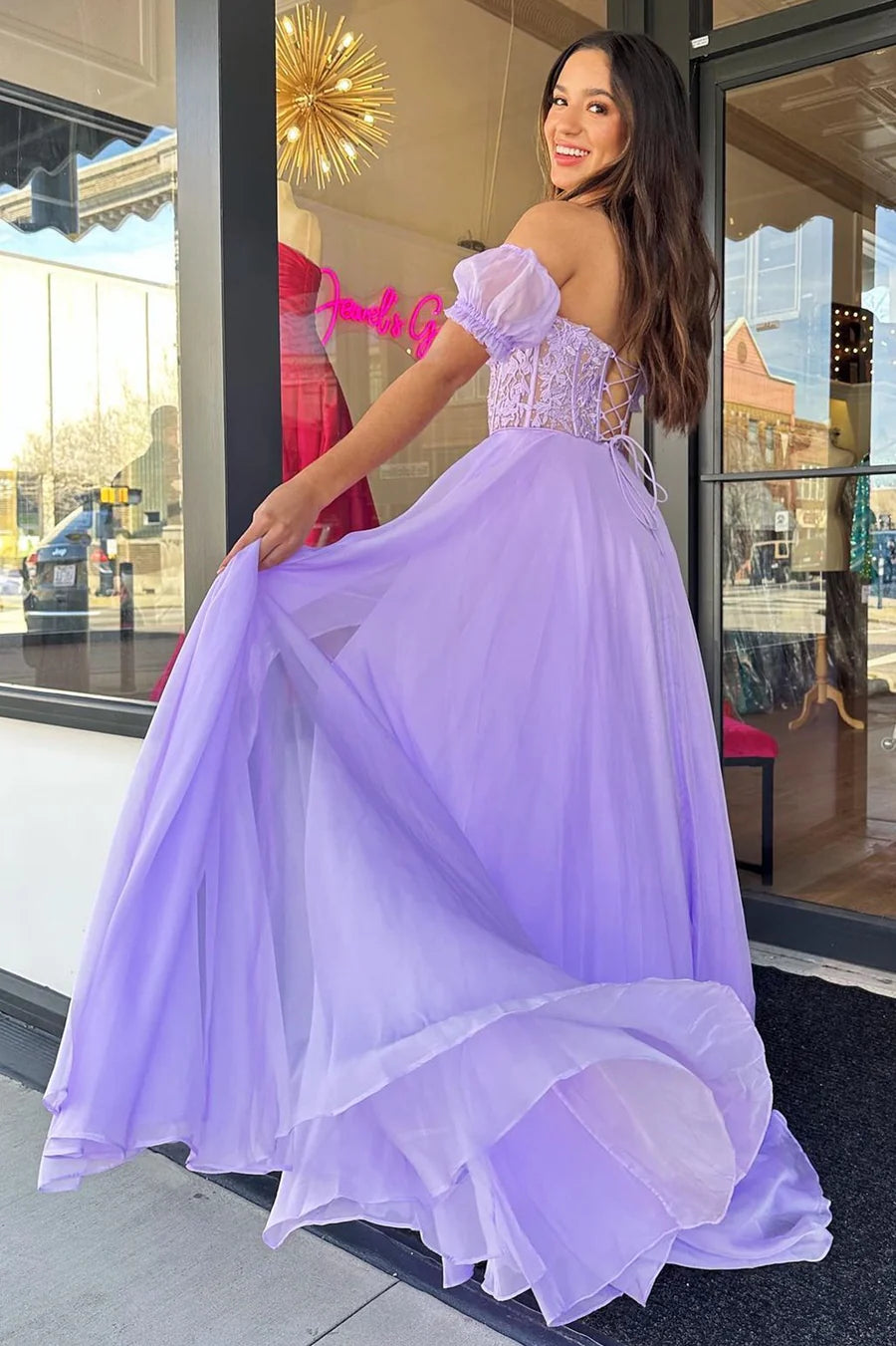 Chiffon Applique Sweetheart A-Line Prom Dress with Puff Sleeves
