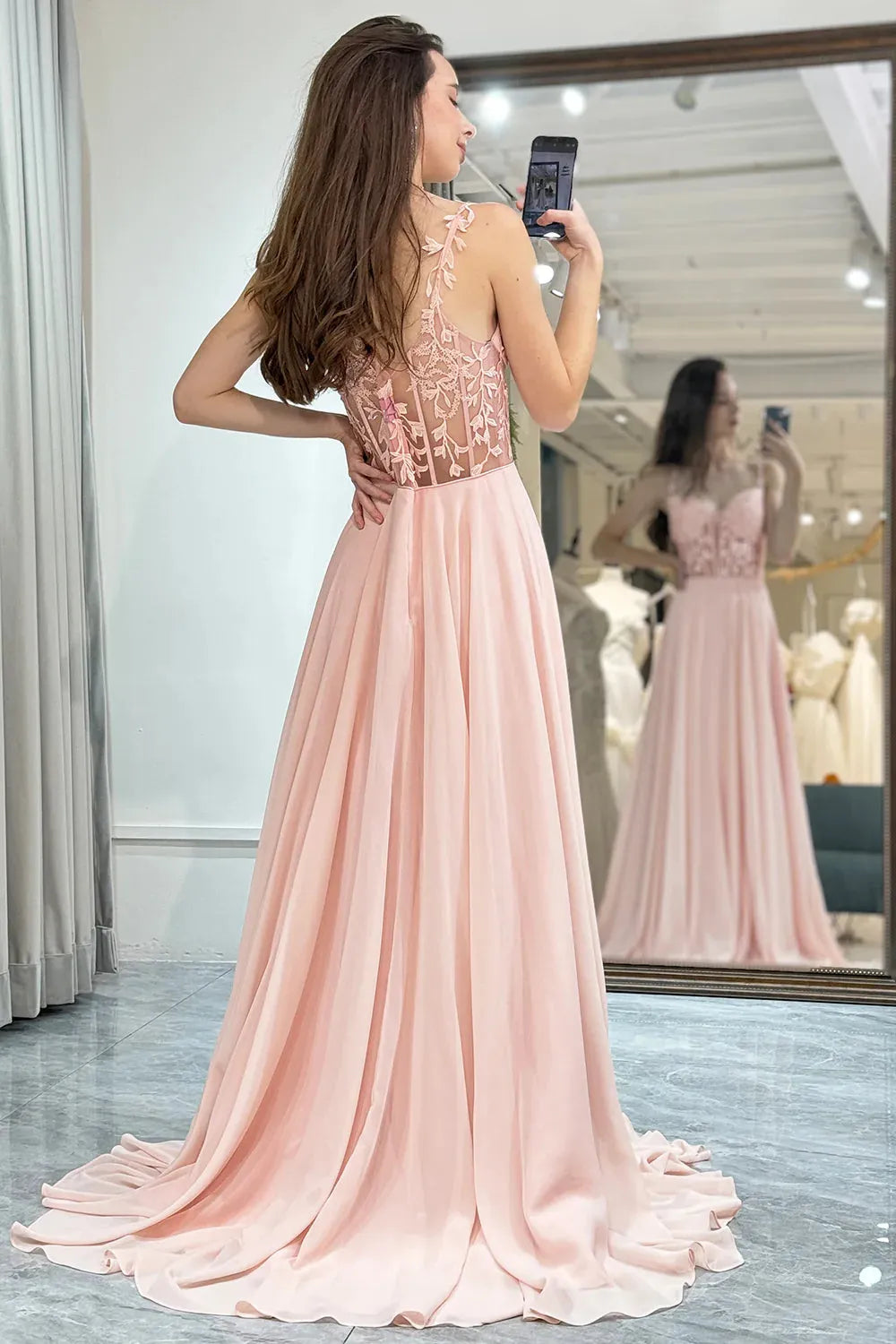 Spaghetti Straps Long Chiffon Prom Dress With Appliques