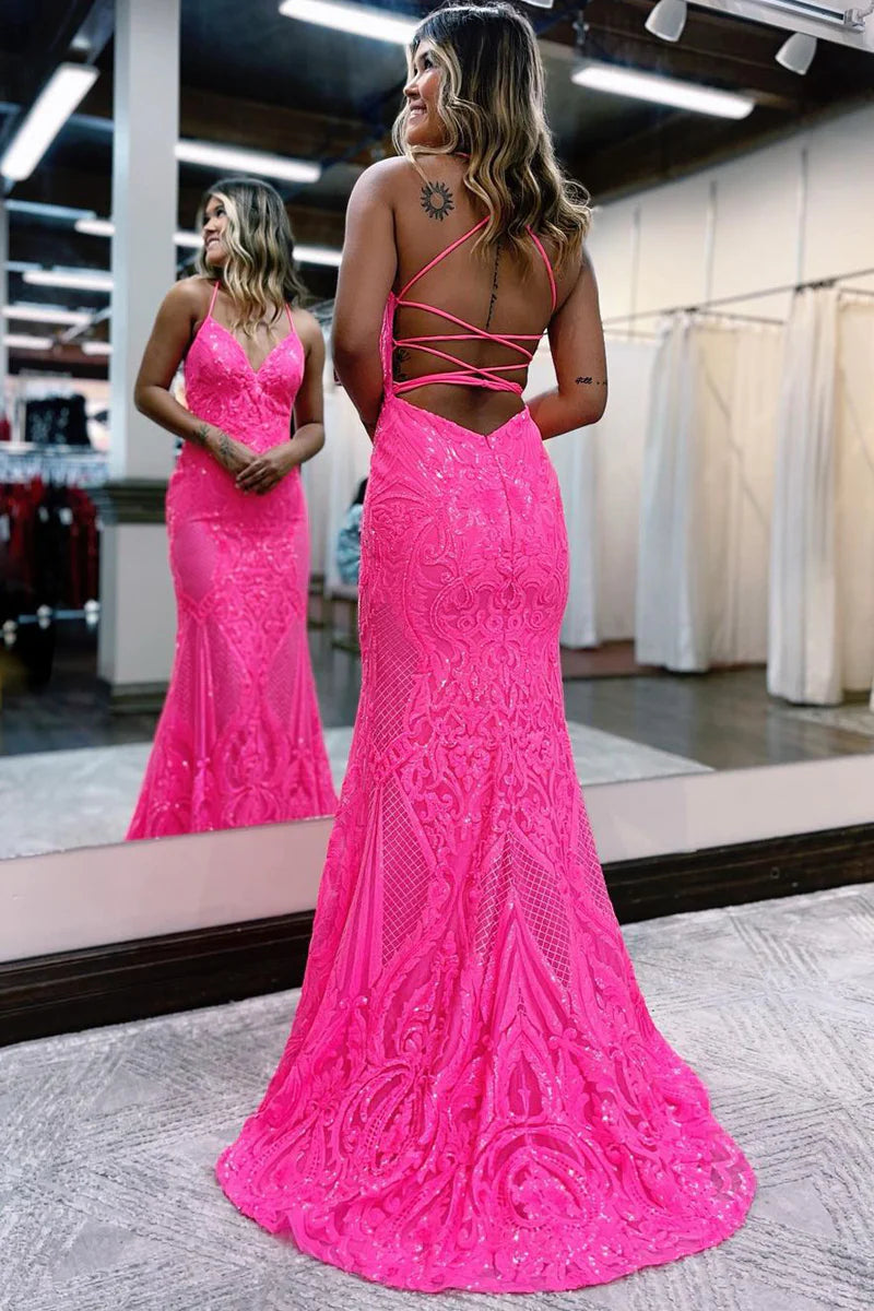 Hot Pink V Neck Sequin Lace Mermaid Long Prom Dresses