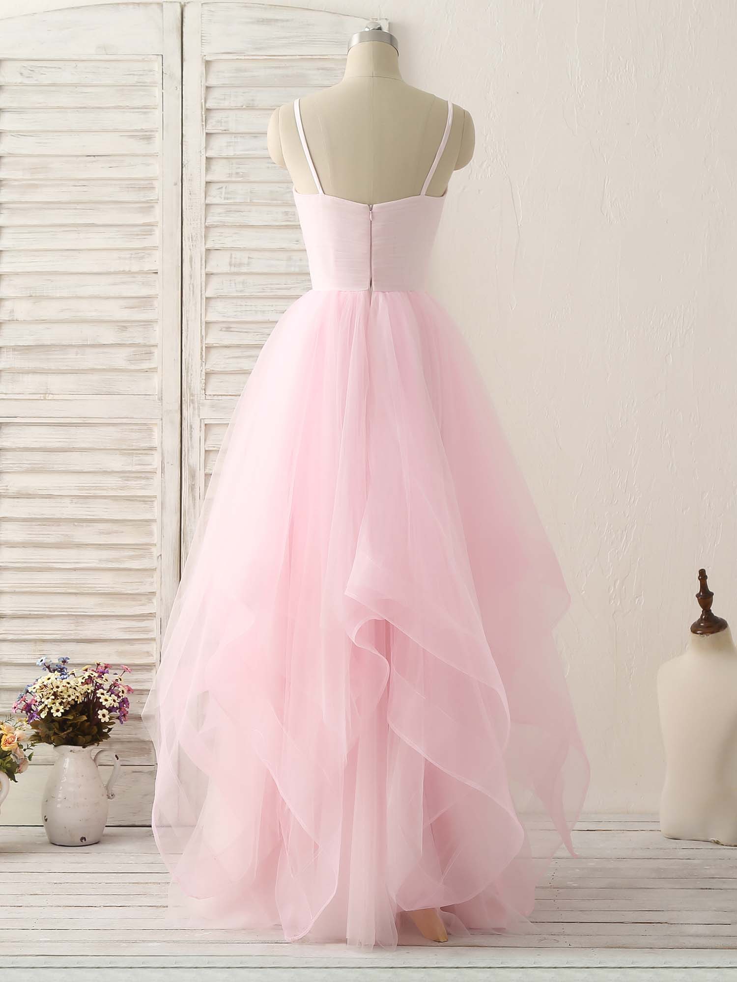 V Neck Tulle Long Prom Dress Simple Pink Tulle Evening Dress