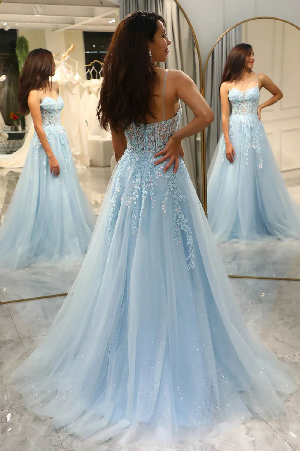 A Line Long Tulle Corset Appliqued Prom Dress