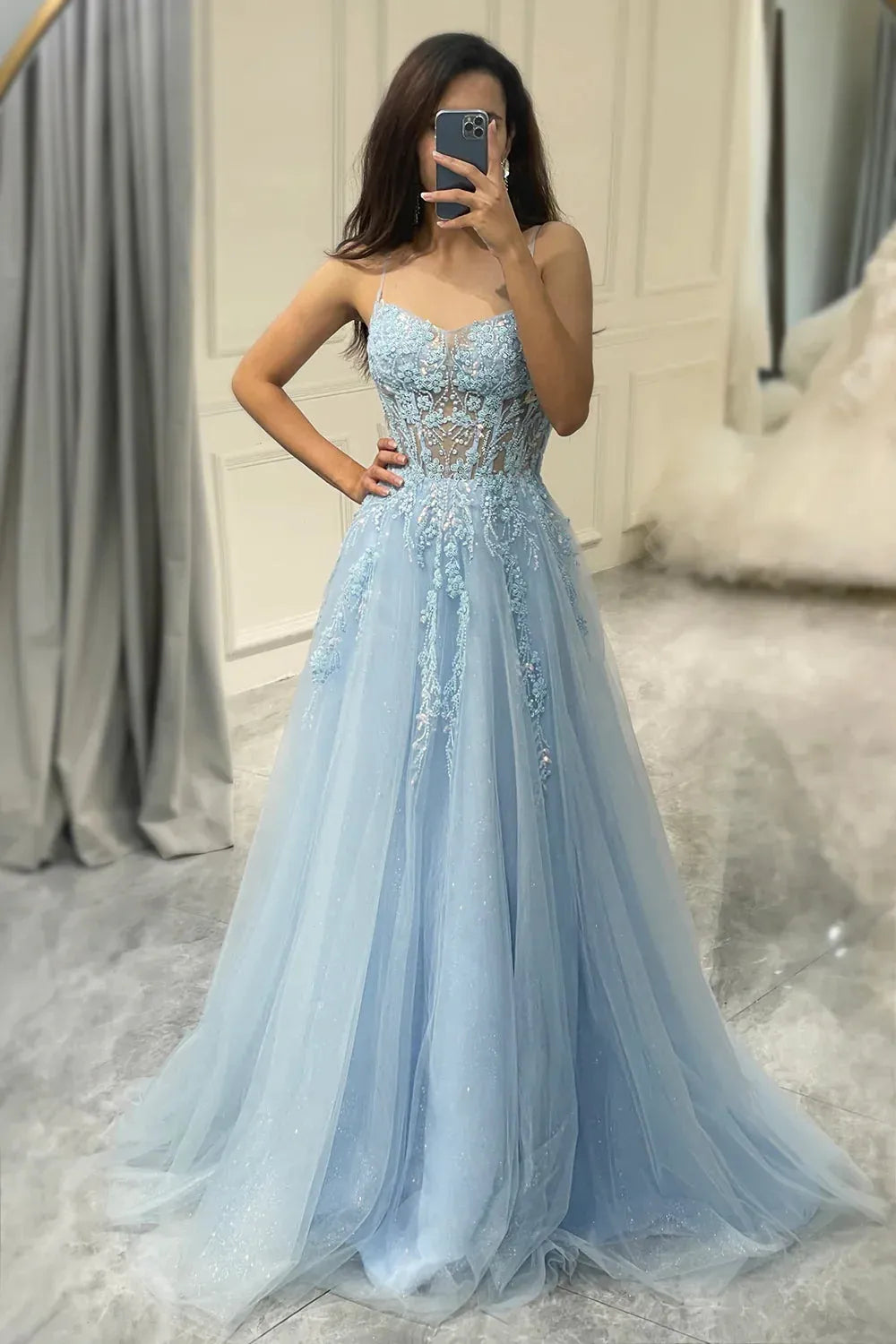 A Line Long Tulle Corset Appliqued Prom Dress