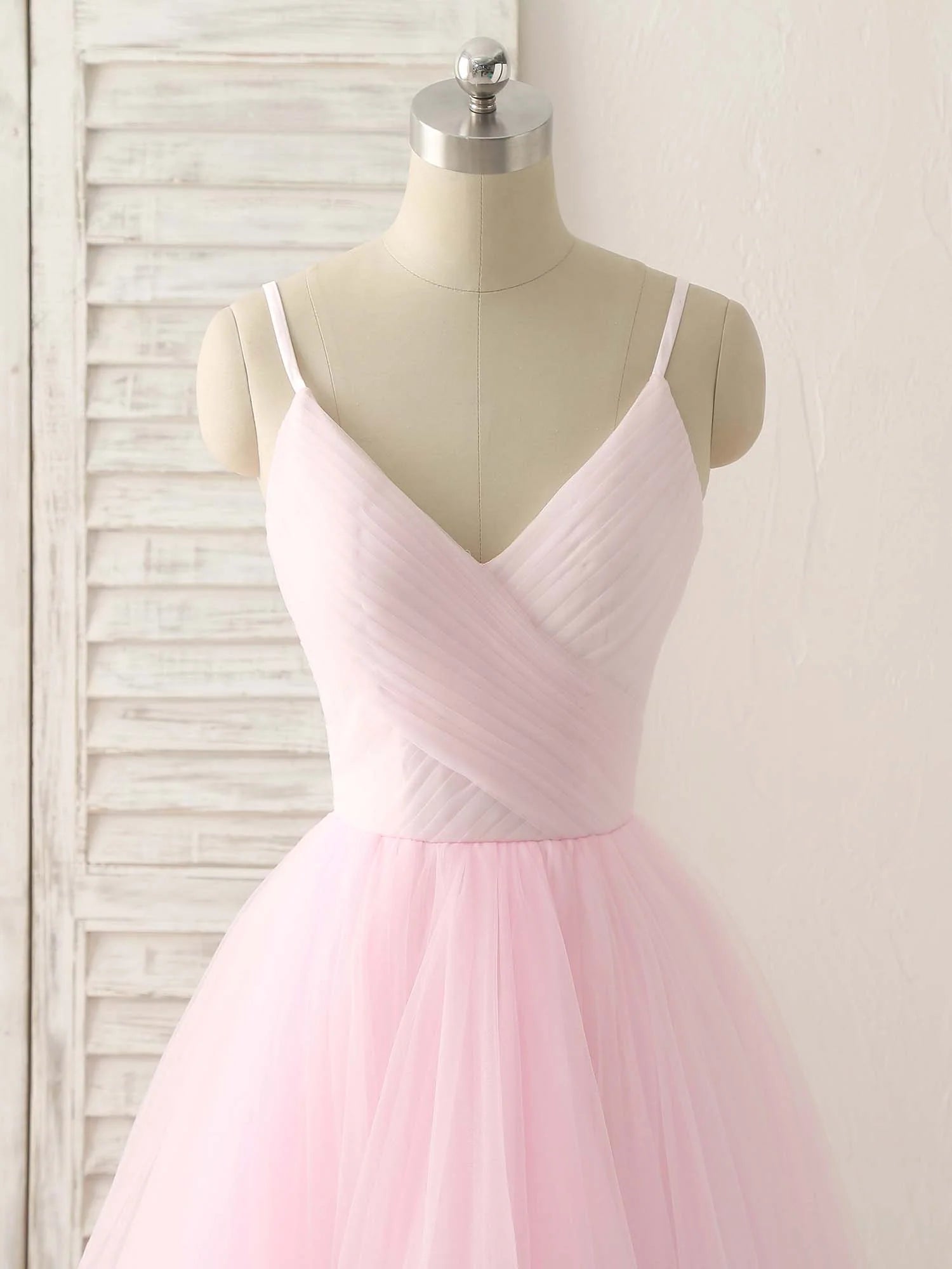 V Neck Tulle Long Prom Dress Simple Pink Tulle Evening Dress