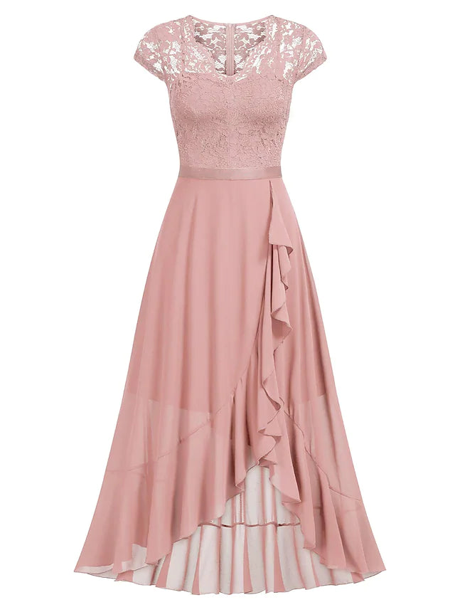 DingjiA-Line Cocktail Dresses Little Black Dress Dress Wedding Guest Asymmetrical Short Sleeve One Shoulder Chiffon with Pleats Lace Insert