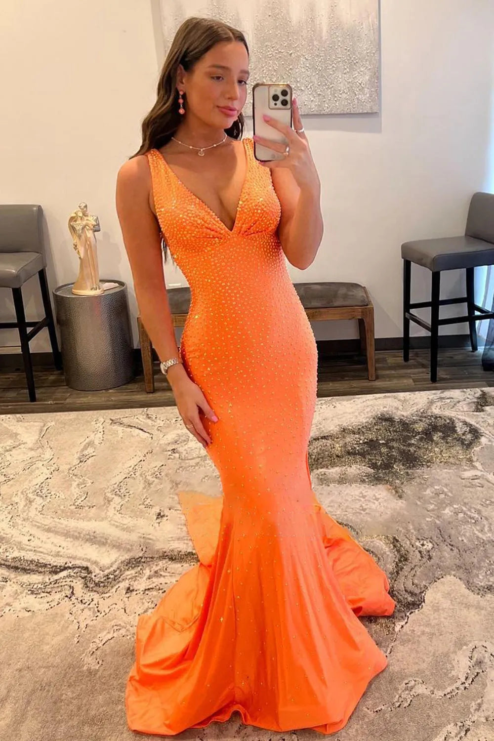 Mermaid Deep V Neck Orange Long Prom Dress with