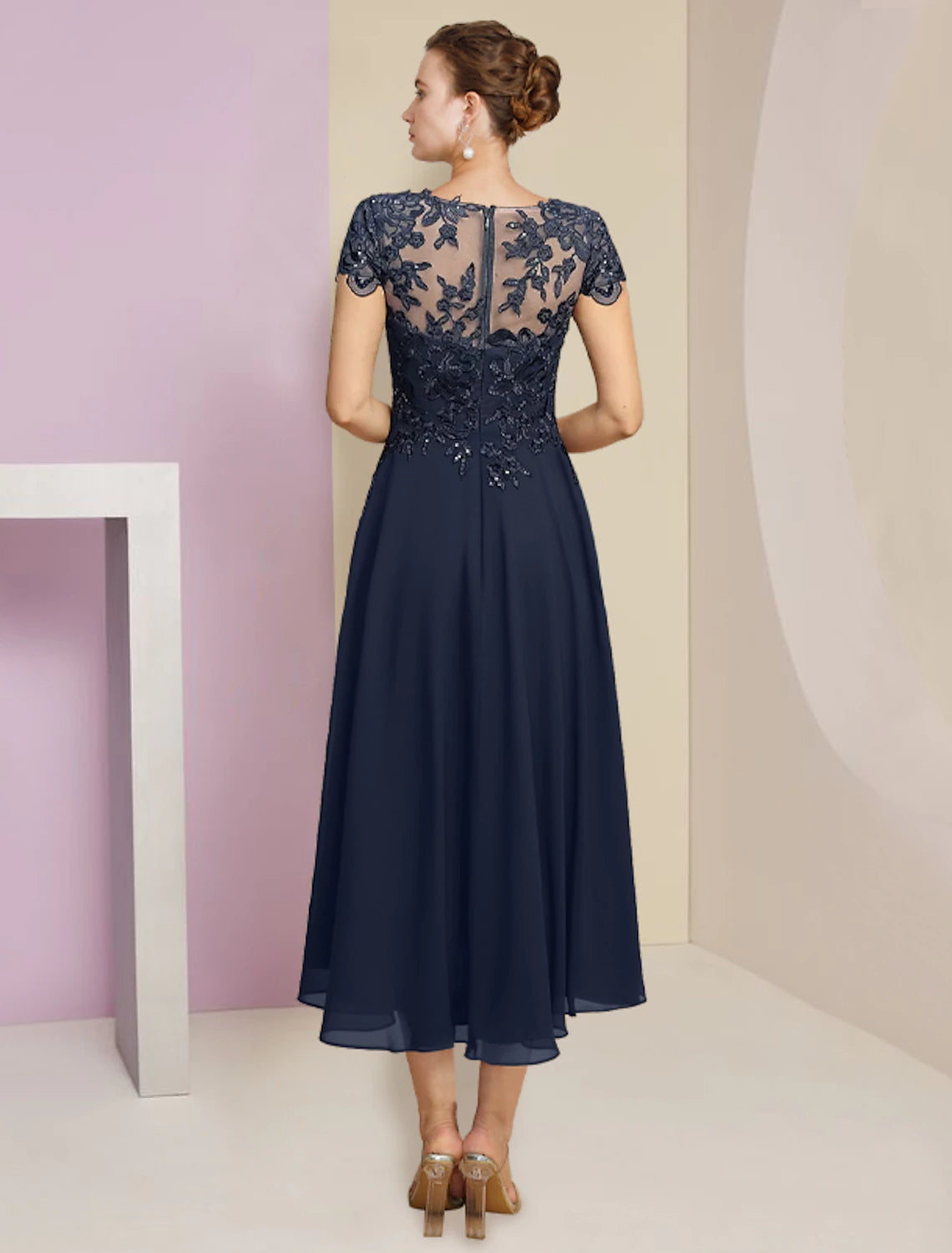 Two Piece A-Line Mother of the Bride Dress Formal Wedding Guest Elegant Scoop Neck Tea Length Chiffon Lace Short Sleeve Wrap Included with Pleats Sequin Appliques