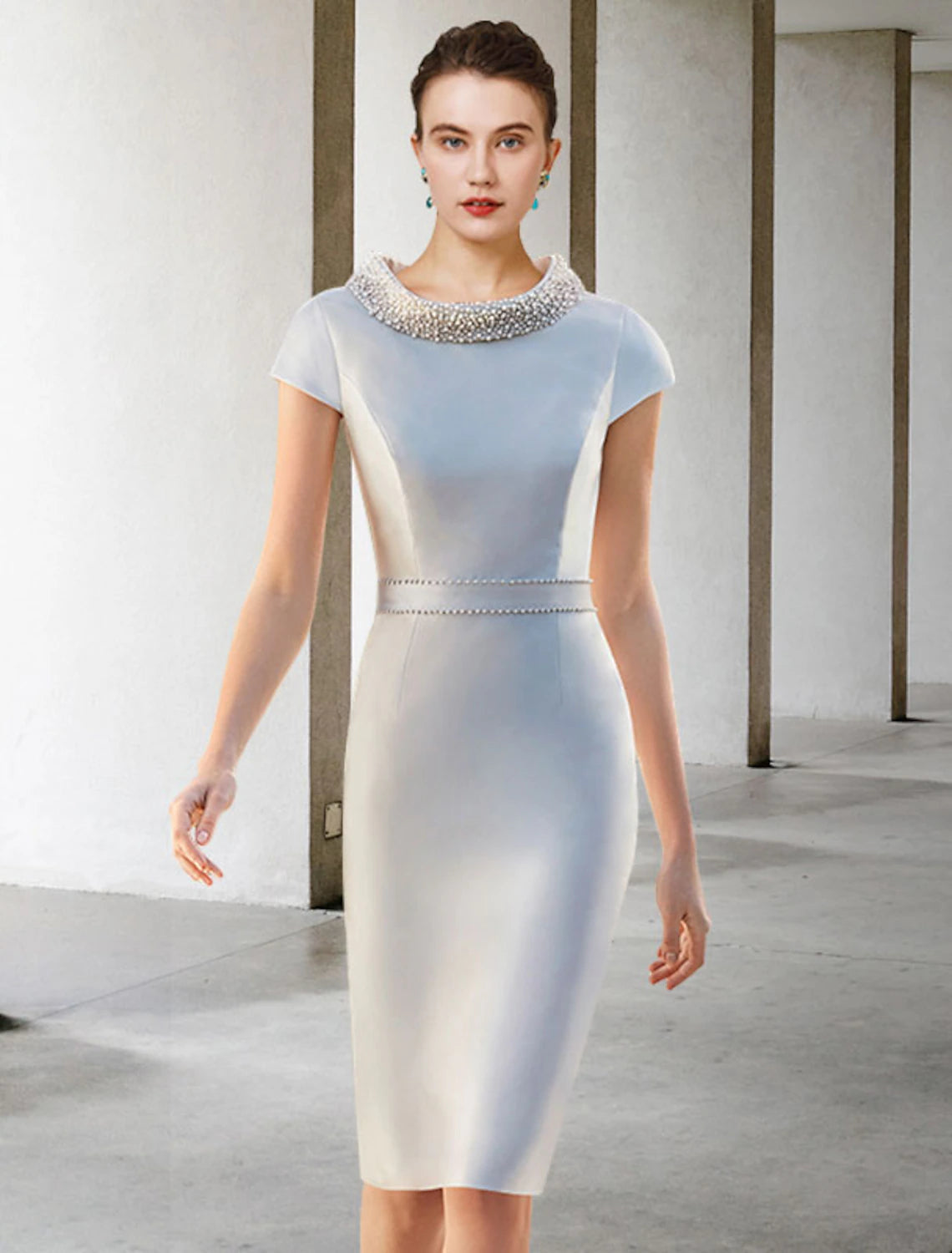 Two Piece Sheath / Column Mother of the Bride Dress Fall Wedding Guest Church Elegant Jewel Neck Knee Length Satin Cap Sleeve Jacket Dresses with Sash / Ribbon Bow(s) Beading 2023