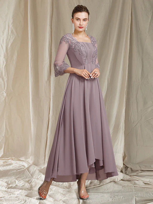 Sheath / Column Mother of the Bride Dress Elegant High Low Square Neck Asymmetrical Ankle Length Chiffon Lace 3/4 Length Sleeve with Pleats Appliques