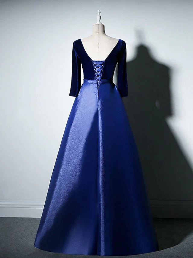 A-Line Mother of the Bride Dress Simple Elegant V Neck Floor Length Taffeta Velvet Long Sleeve with Pleats