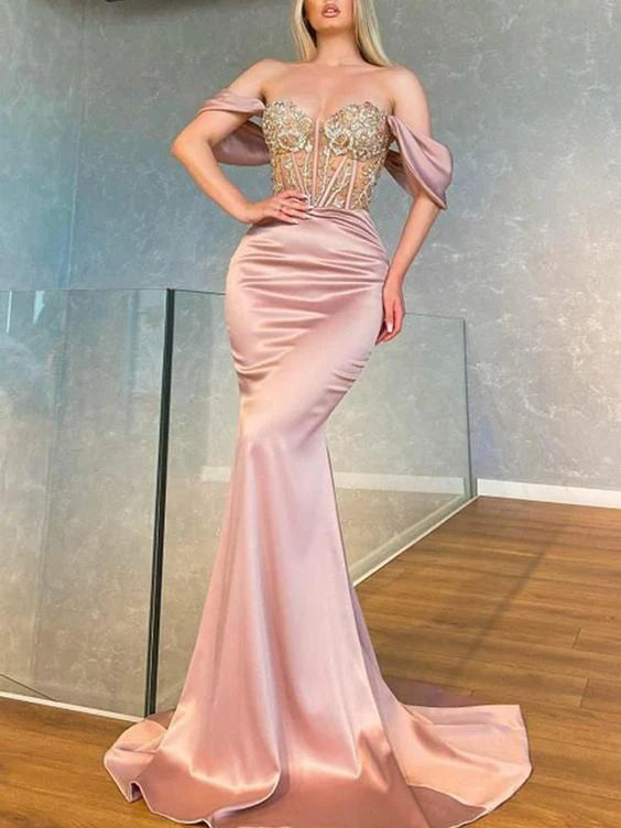 Off-The-Shoulder Shiny Hollow Split-Side Backless Evening Maxi Dress