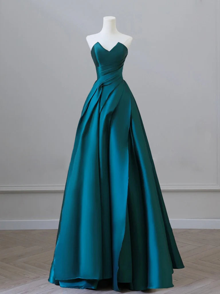A-Line Strapless Satin Peacock Blue Long Prom Dress
