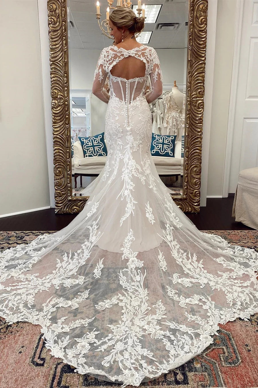 Lace Cutout Long Sleeves Trumpet Bridal Gown