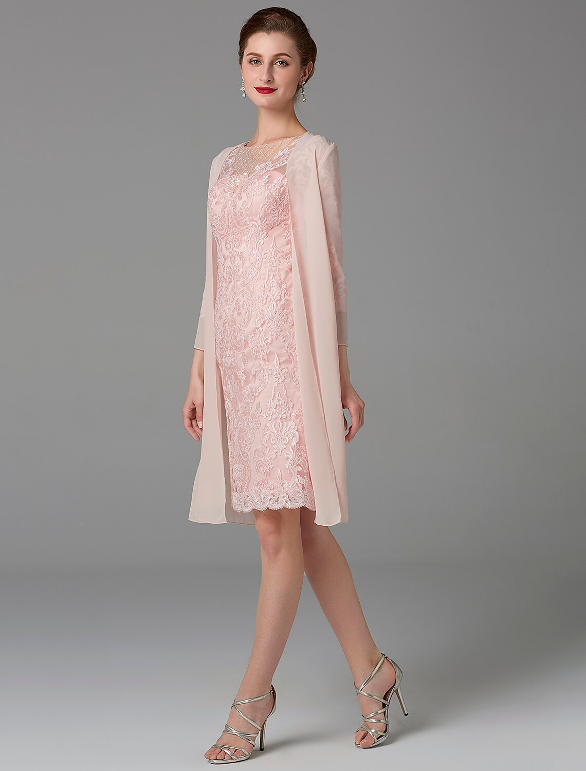 Two Piece Sheath / Column Mother of the Bride Dress Church Sparkle & Shine Jewel Neck Knee Length Chiffon Lace 3/4 Length Sleeve Jacket Dresses with Beading Appliques