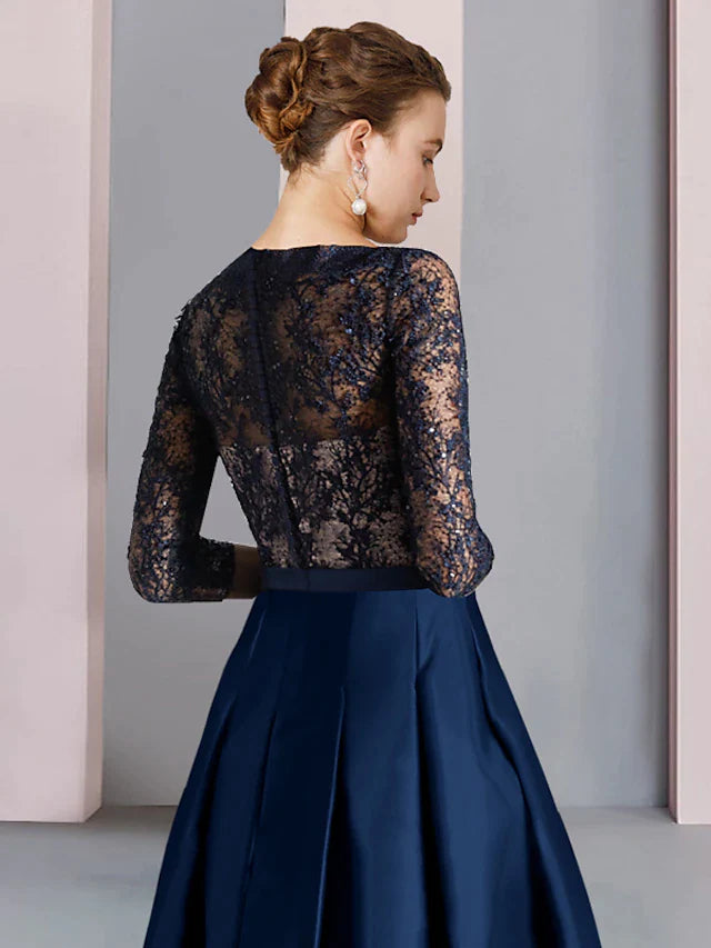 A-Line Mother of the Bride Dress Formal Wedding Guest Party Elegant V Neck Tea Length Satin Lace Half Sleeve with Bow(s) Ruching