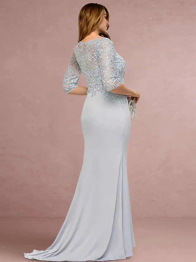 Plus Size Curve Mother of the Bride Dress Wedding Guest Vintage Elegant Scoop Neck Sweep / Brush Train Chiffon Lace Half Sleeve with Sequin