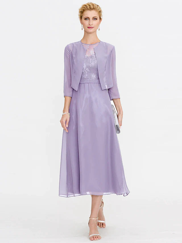 A-Line Mother of the Bride Dress Plus Size Elegant Illusion Neck Tea Length Chiffon Corded Lace Sleeveless Wrap Included with Lace Pleats