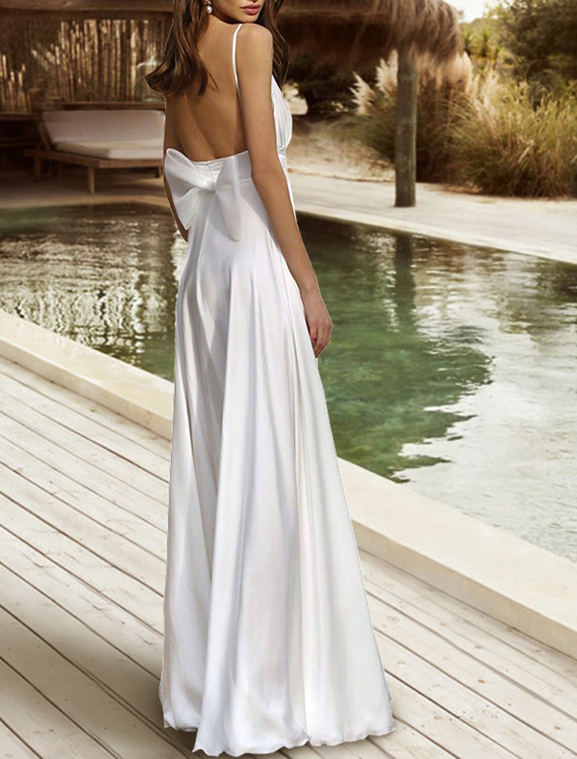 Beach Casual Wedding Dresses A-Line Camisole V Neck Spaghetti Strap Floor Length Charmeuse Bridal Gowns With Bow(s) Pleats