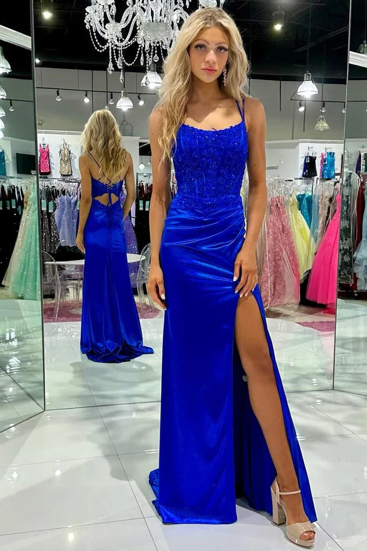 Appliques Lace-Up Mermaid Long Formal Dress with Slit