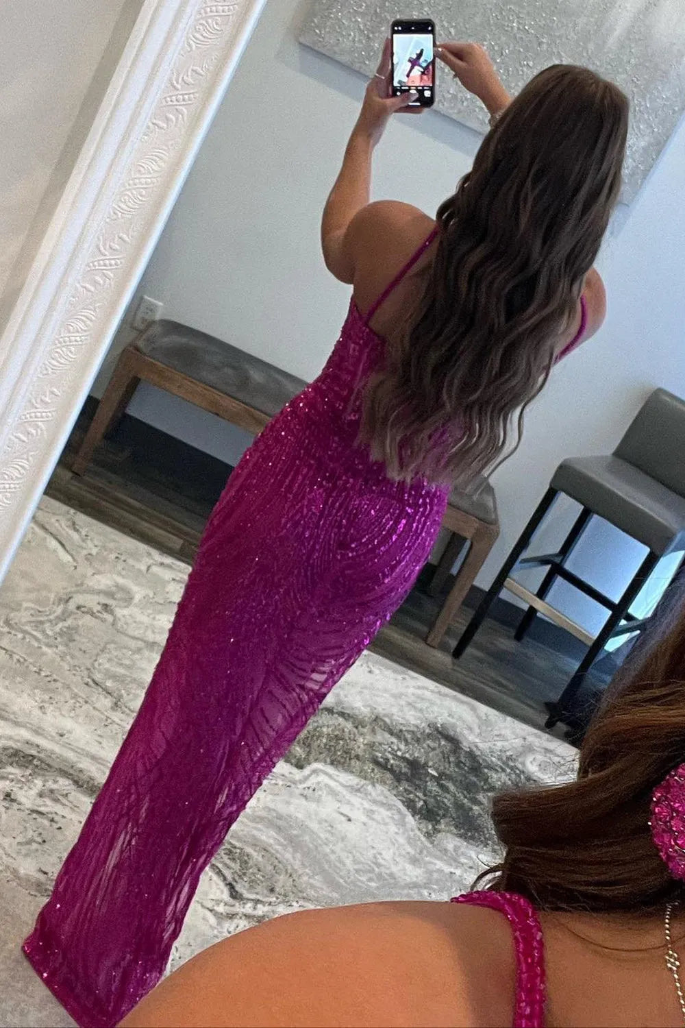 Hot Pink Sheath Sequins Long Prom Dress with Slit