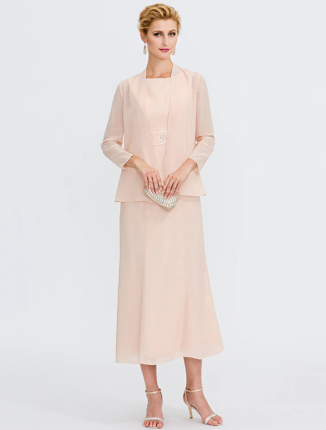 DingjiTwo Piece Sheath / Column Mother of the Bride Dress Wedding Guest Plus Size Elegant with Jacket Long Sleeve Scoop Neck Tea Length Chiffon Sash / Ribbon Pleats Beading
