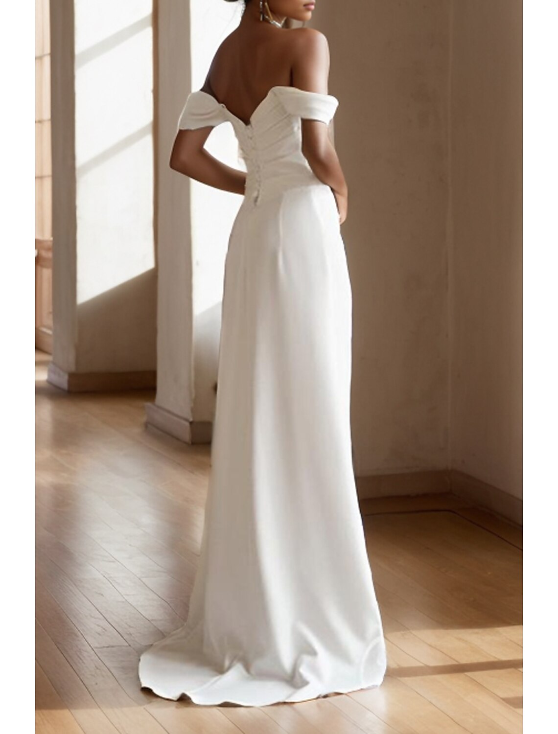 Engagement Little White Dresses Casual Wedding Dresses Sheath / Column Off Shoulder Sleeveless Sweep / Brush Train Satin Bridal Gowns With Ruched Split Front