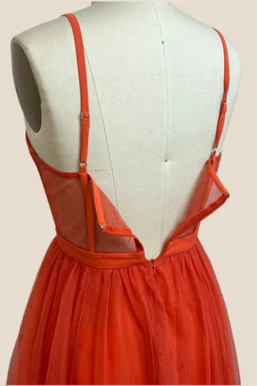 Spaghetti Straps Orange Sheer Corset Tiered Prom Dress