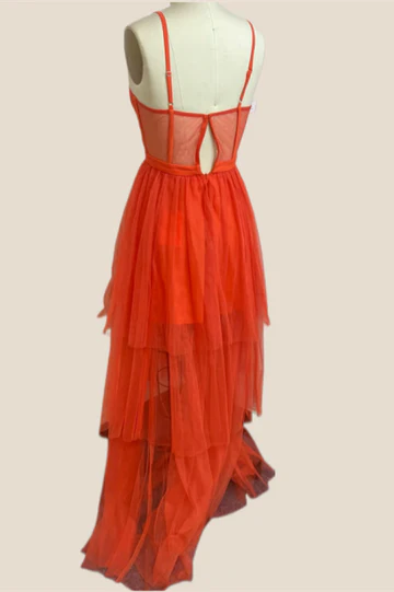 Spaghetti Straps Orange Sheer Corset Tiered Prom Dress