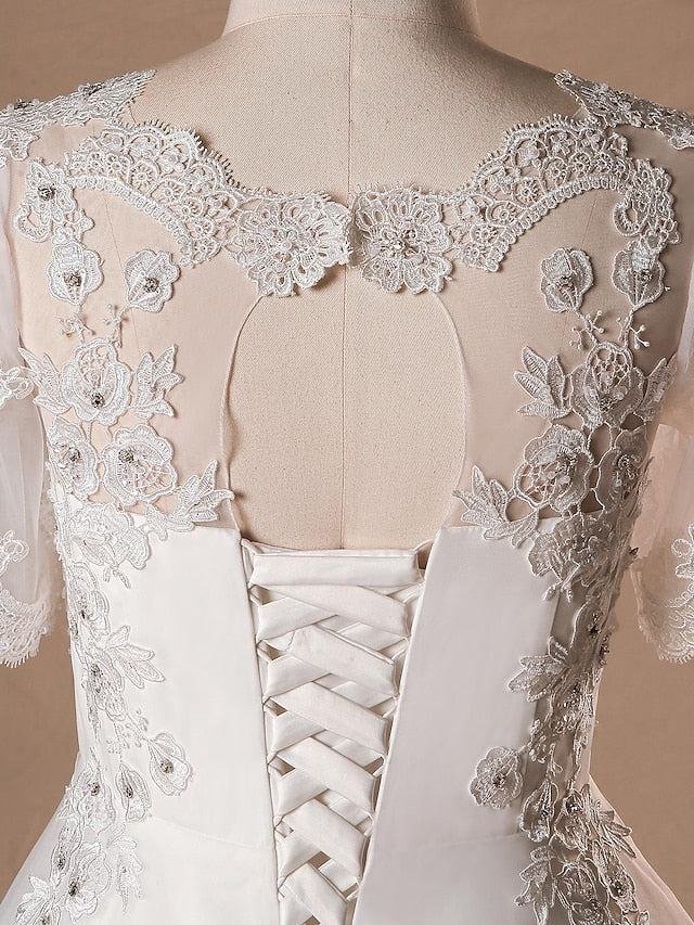 DingjiHall Wedding Dresses Cathedral Train A-Line Half Sleeve V Neck Satin With Lace Crystals