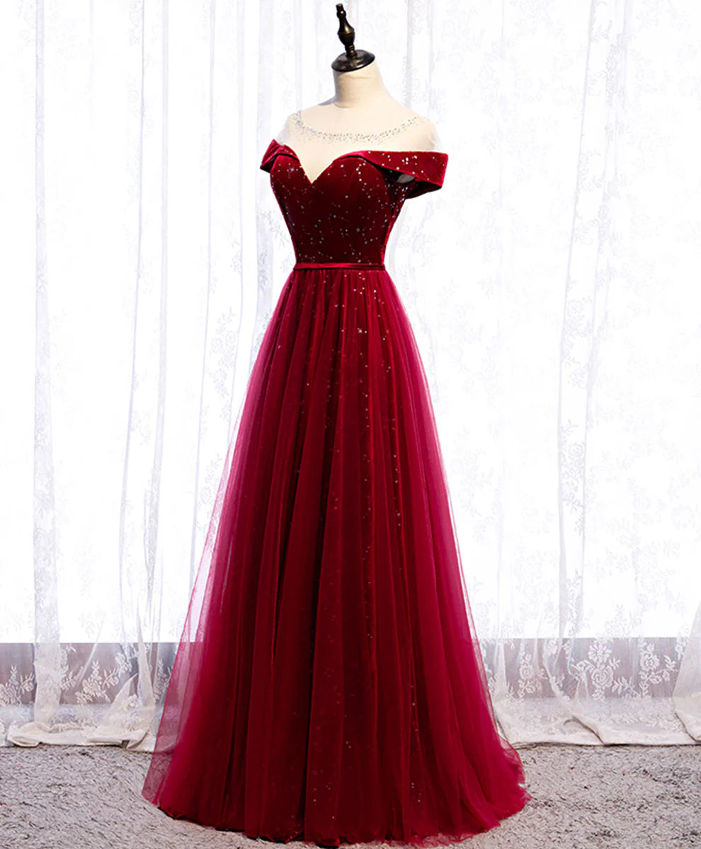Round Neck Tulle Sequin Long Prom Dress Tulle Formal Dress