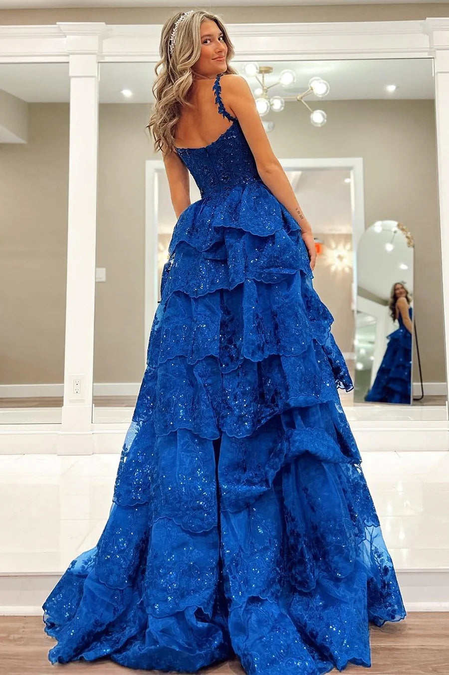 Tulle Sequin Sweetheart Ruffle Tiered Long Gown