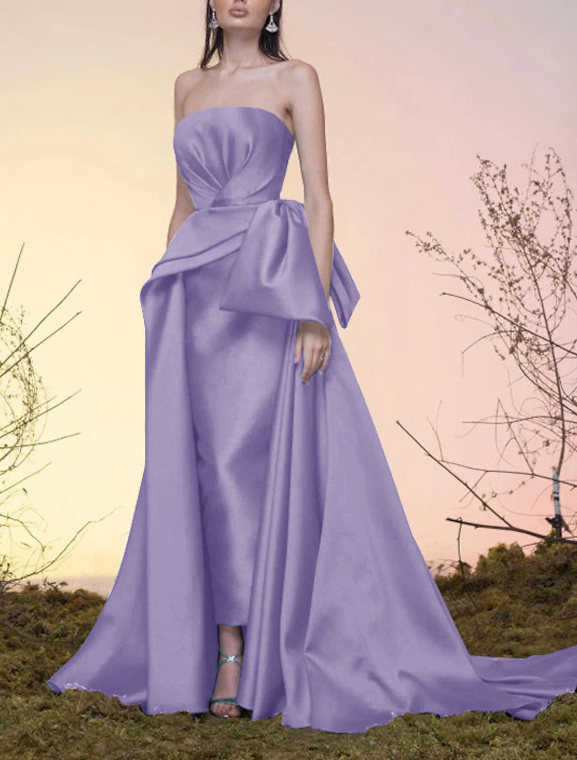 A-Line Party Dress Celebrity Style Elegant Vintage Wedding Guest Prom Dress Strapless Sleeveless Court Train Satin with Bow(s) Overskirt