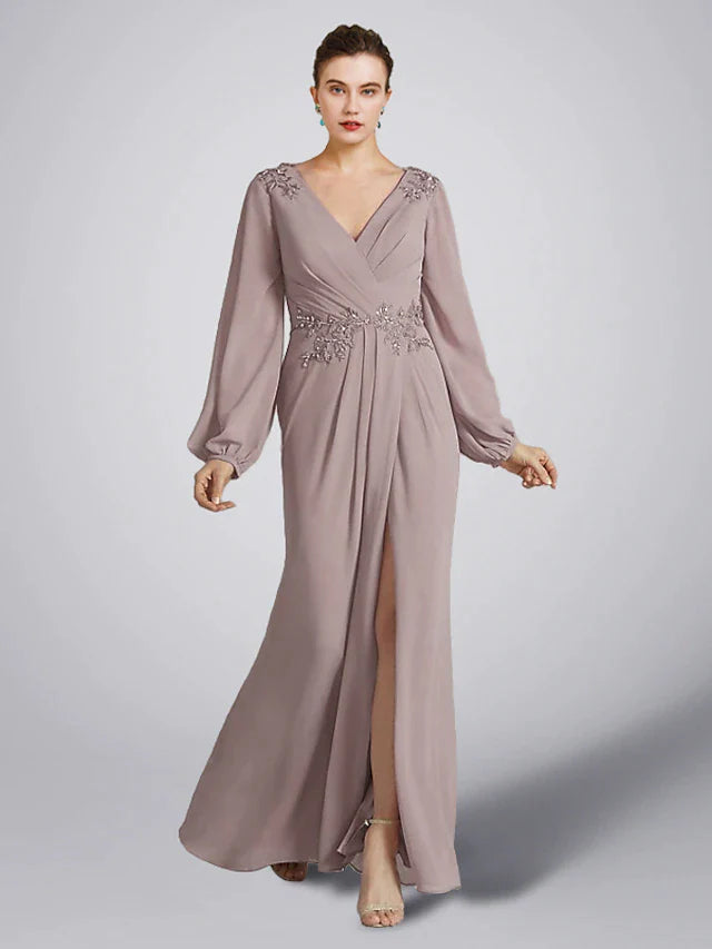 A-Line Mother of the Bride Dress Plus Size Elegant V Neck Floor Length Chiffon Long Sleeve with Beading
