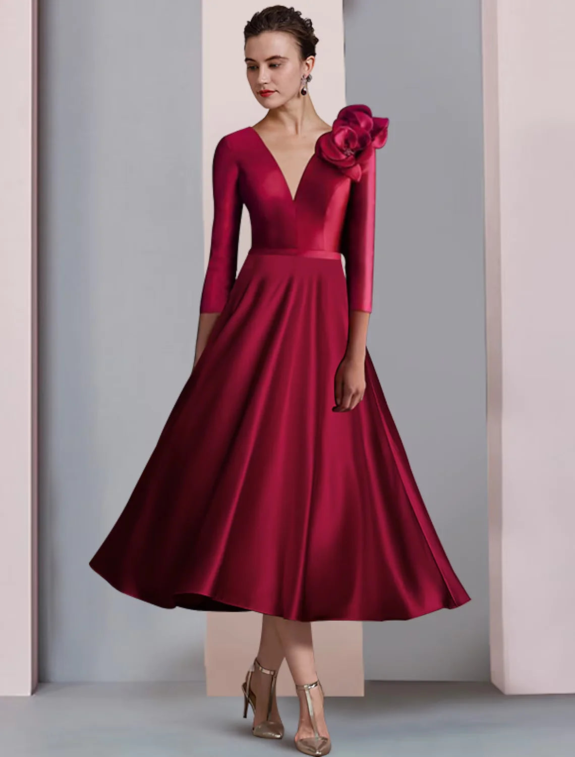 A-Line Mother of the Bride Dress Wedding Guest Elegant V Neck Tea Length Satin 3/4 Length Sleeve with Pleats Flower