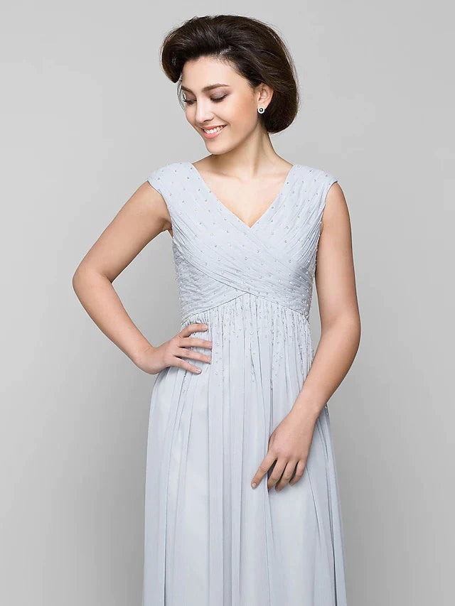 DingjiA-Line Mother of the Bride Dress Elegant V Neck Floor Length Chiffon Sleeveless with Criss Cross Beading