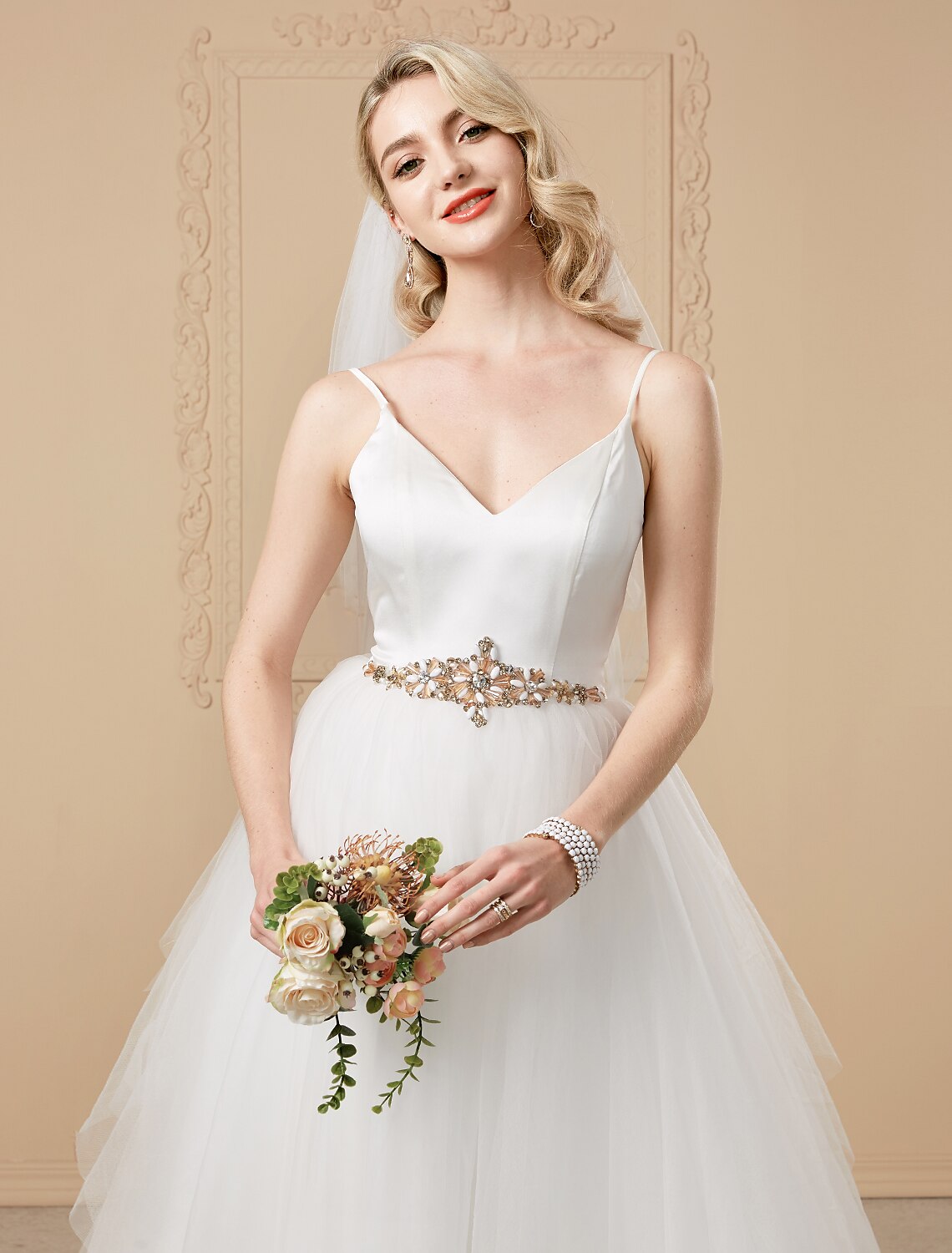 Ball Gown V Neck Court Train Satin / Tulle Made-To-Measure Wedding Dresses with Beading / Crystals by / Open Back