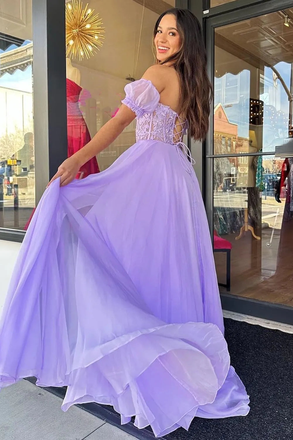 A Line Sweetheart Purple Corset Prom Dress with Appliques