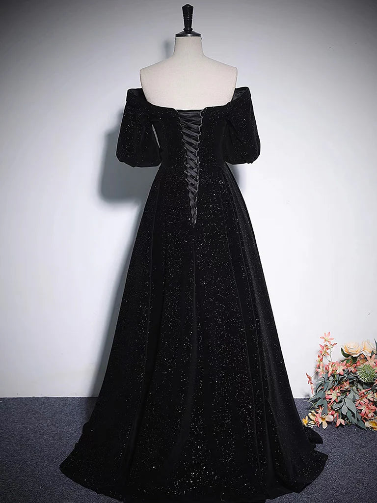 A-Line V Neck Velvet Black Long Prom Dress