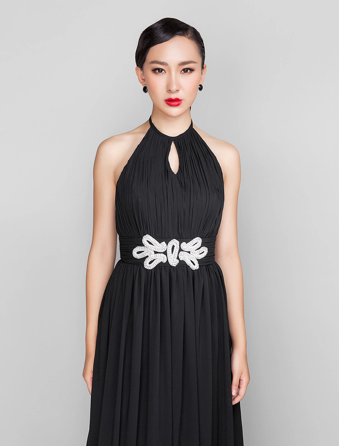 A-Line Open Back Keyhole Formal Evening Wedding Party Military Ball Dress High Neck Sleeveless Floor Length Chiffon with Beading